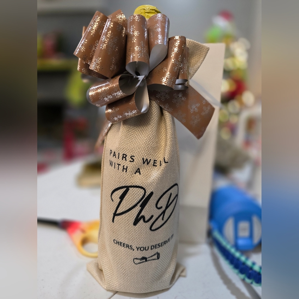 Beige Wine Bottle Gift Bag with Brown Ribbon